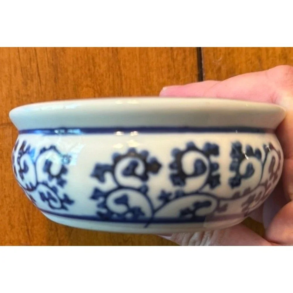 VTG Chinese Chinoiserie Blue White Flowers Porcelain Planter Trinket Dish Bowl